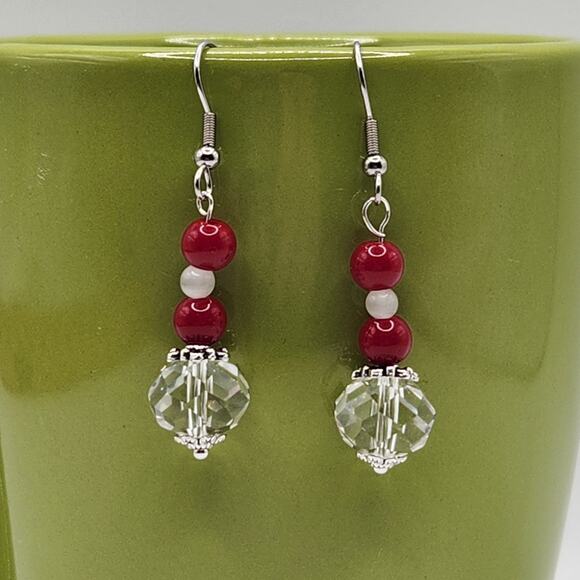 Handmade Earrings with Crystal, Red Coral, and Moonstone – 2" Dangle - Picture 7 of 10